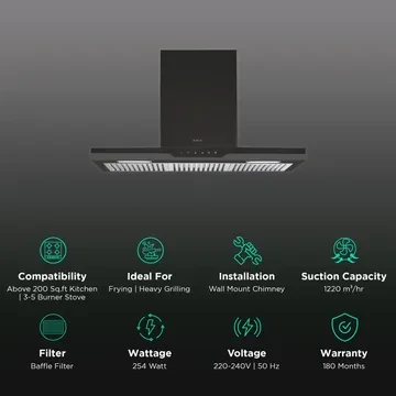 Elica METEORITE ETB PLUS LTW 90 NERO T4V 90cm 1220m3/hr Ducted Wall Mounted Chimney Black