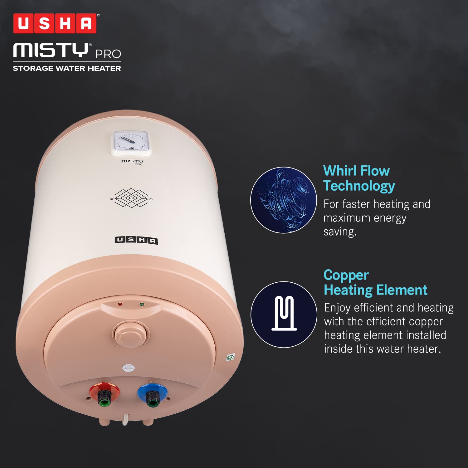 Usha Misty Pro 10 Litre 5 Star Water Heater Ivory Gold