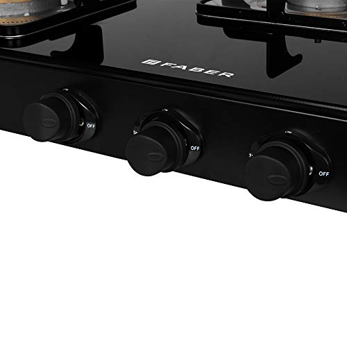 Faber Mild Steel Marvellous Glass Top 3 Brass Burners Auto Ignition Gas Stove (3B Bk Ai, Black)