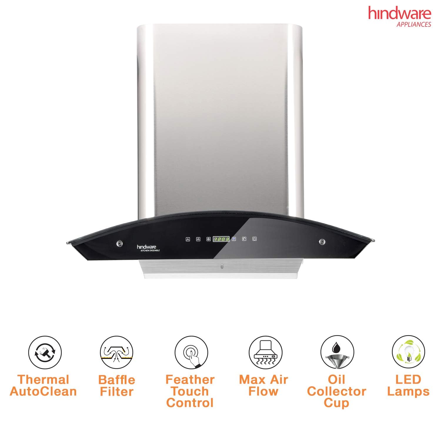 Hindware chimney Nevio 1200m3/h wall mounted auto clean with Baffle Filter - Silver, 90 cm