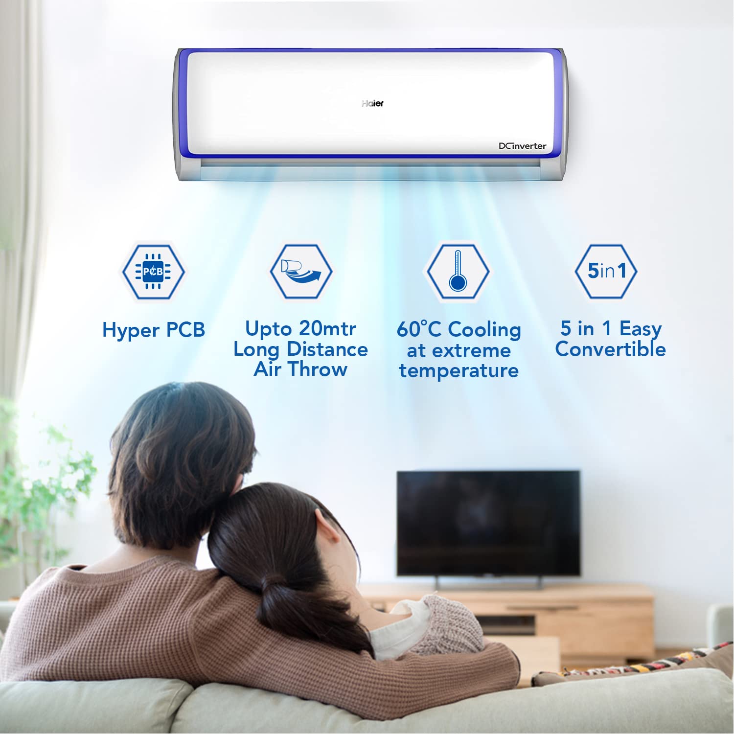 Haier Frost Clean Inverter Split AC with 5 in 1 easy Convertible (1.6 Ton, 5 Star Rating, White), HSU19E-TXB5B(INV)