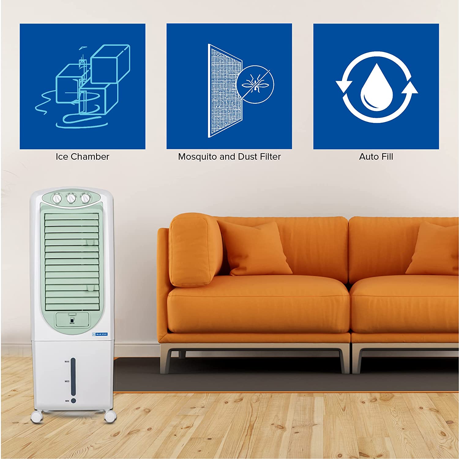 BLUE STAR Premia 27 Litres Tower Air Cooler PA27PMC with Cross Drift Technology and PM2.5 Silver Nano Purification, White