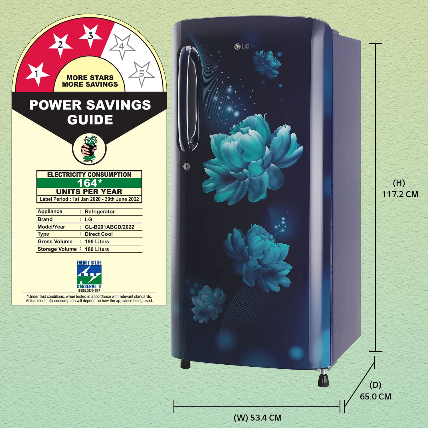 LG 185 L 3 Star Direct-Cool Single Door Refrigerator (GL-B201ABCD, Blue Charm, Fast Ice Making, Gross Volume- 190 L)