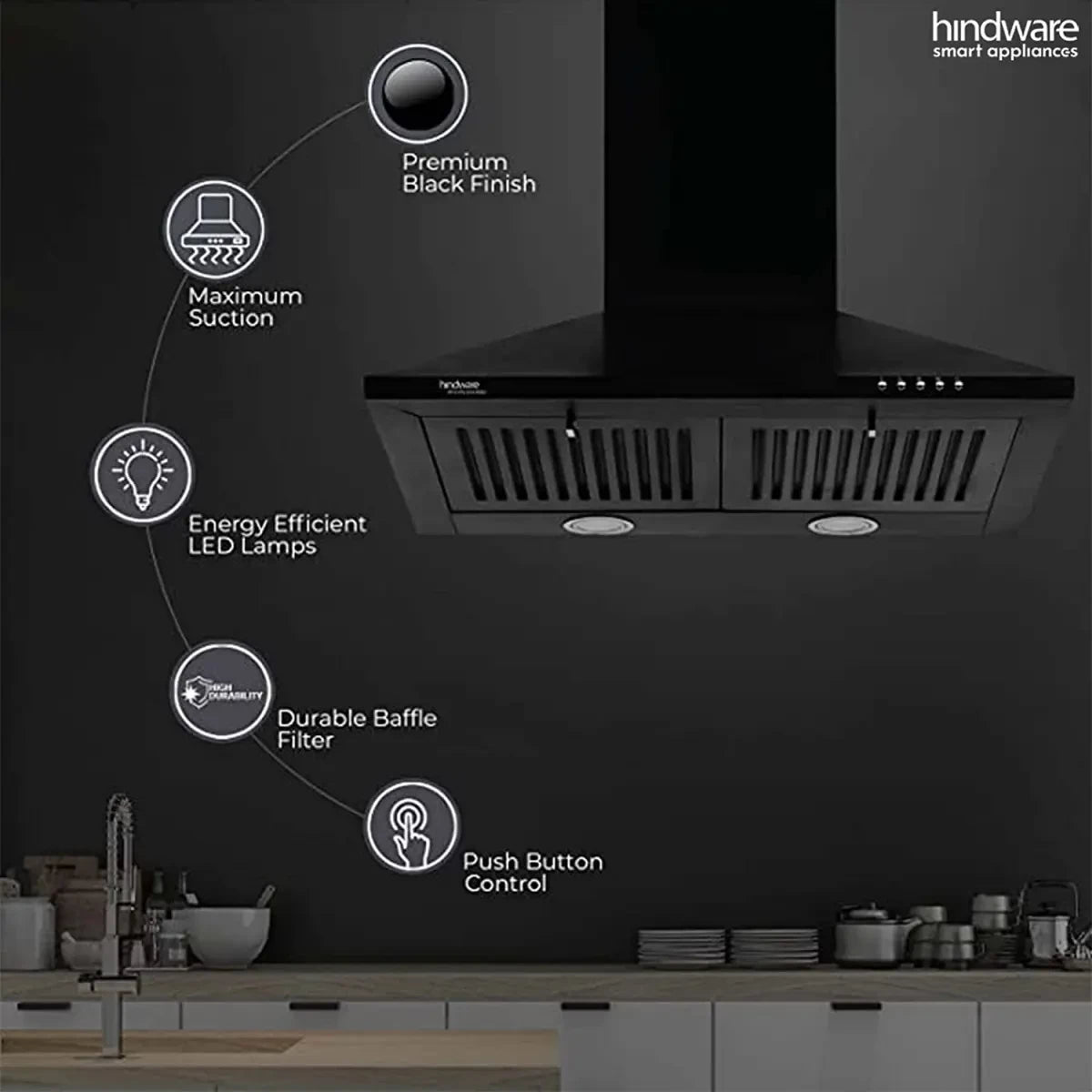 Hindware Marvia 60 cm 1000 m/hr Pyramid Kitchen Chimney With Double Baffle Filter (Black) (C100321)