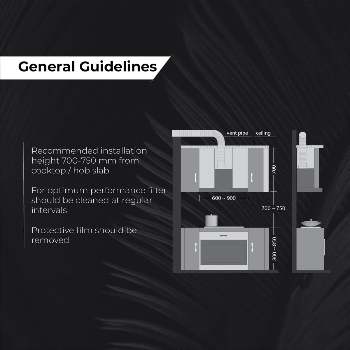 Hindware C100351 chimney installation guidelines diagram showing 700-750 mm height above the hob and vent pipe