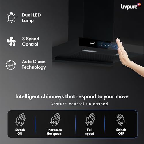 Livpure Ether 60 1350 m3/hr T Shape | Filterless Autoclean Kitchen Chimney |10 Yr Warranty On Motor, 2 Yr Comprehensive |Touch & Gesture Control, Black