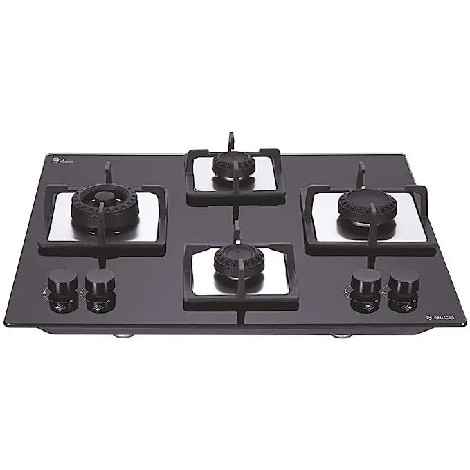 Elica Hob 4 Burner Auto Ignition Glass Top - 2 Large, 1 Medium & 1 Small Brass Burners (FLEXI SWIRL 4B 60 MT)