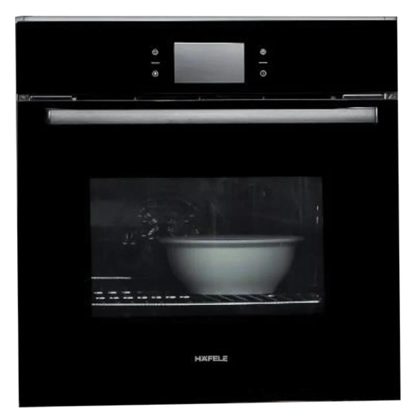 Hafele Iris built-in oven front view with black glass door, touch display and handle