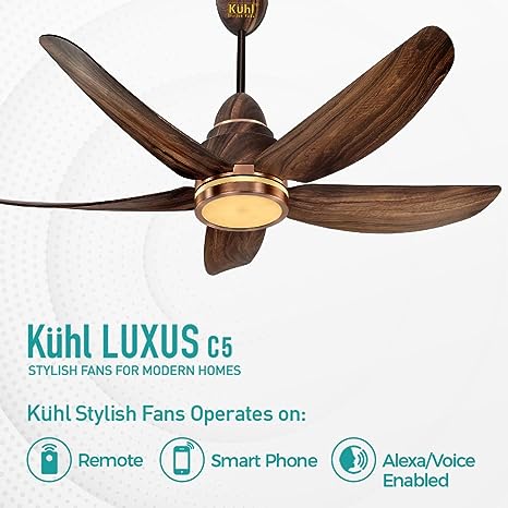 KUHL Stylish Fan Luxus C5 Teakwood| 5 Star Rated| BLDC Technology With Remote/Mobile/Alexa Control Reverse Mode