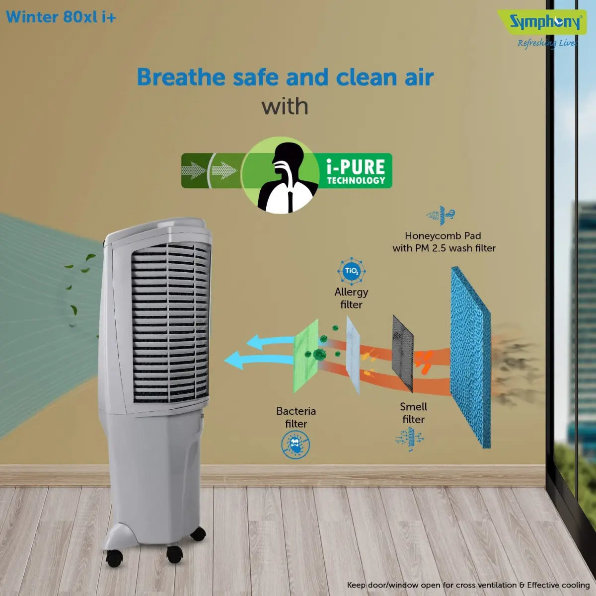 Symphony Winter 80 XL i+ Powerful Desert Air Cooler 80-litres with Remote (Grey)