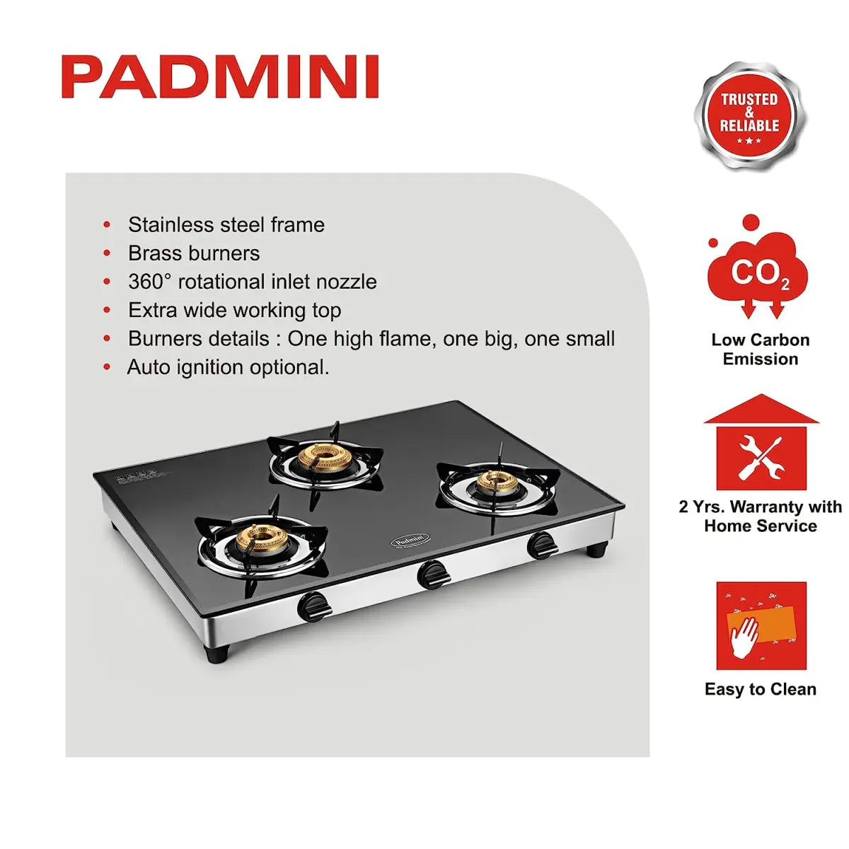 Padmini Three Burner Gas Stove - CS 321 GT XL Auto