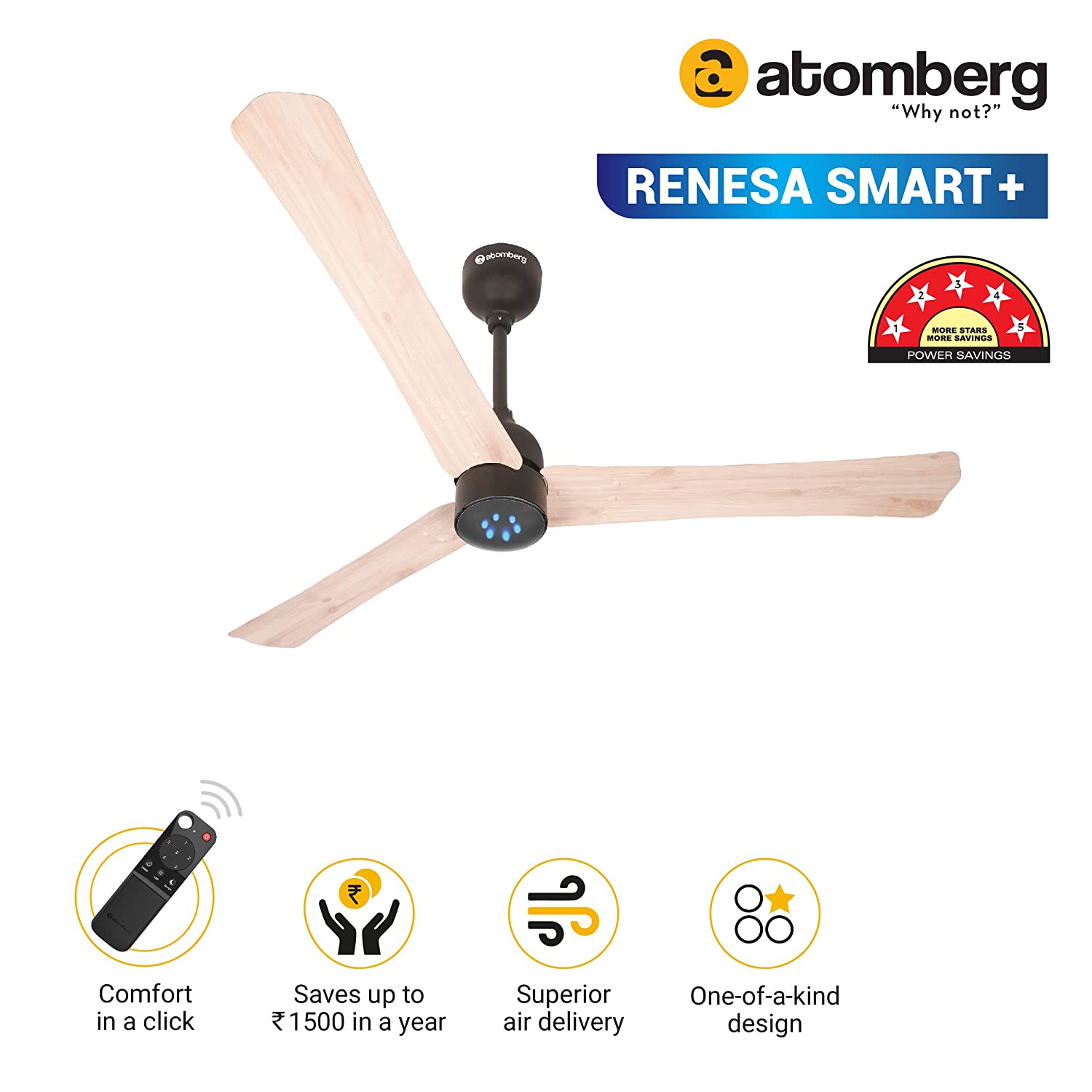atomberg Renesa 1200mm BLDC மோட்டார் இயற்கை ஓக் மர விசிறி