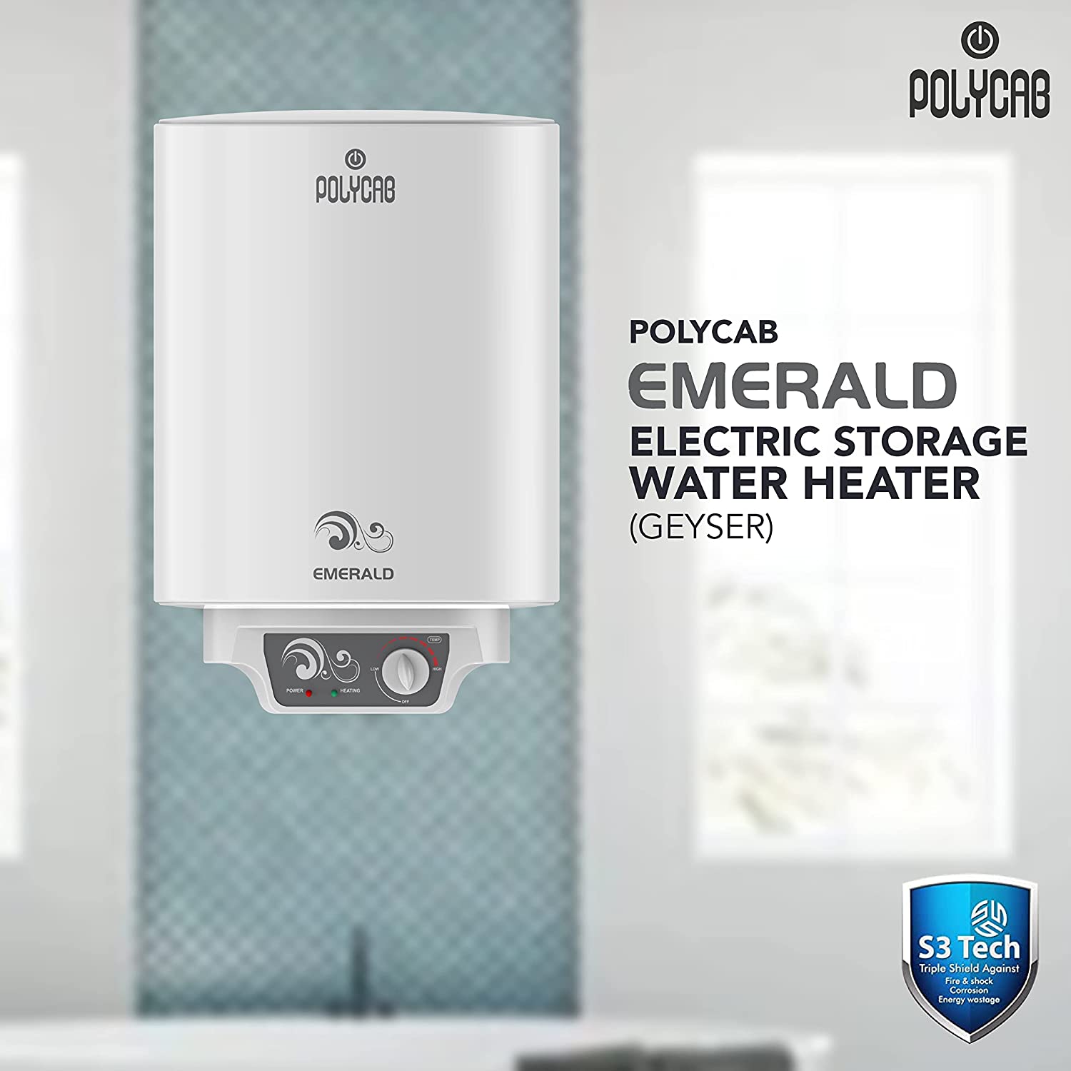 Polycab Emerald 10 litre Electric Storage Water Heater (Geyser) with 4 Star BEE Rating, Anti-rust tank, shock-proof body with advanced safety and 7 Year Inner Tank Warranty (White)