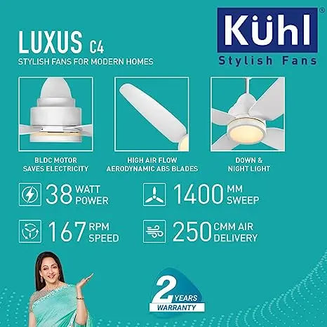 KUHL Luxus C4 Stylish BLDC Fan|Low Power 38W |High Air Flow|4 Aerodynamic ABS Blades|Low Noise|Night & Down Light |IoT Enabled |Operate Via Remote-Mobile-Alexa |Reverse Mode|5-Star Rated | White