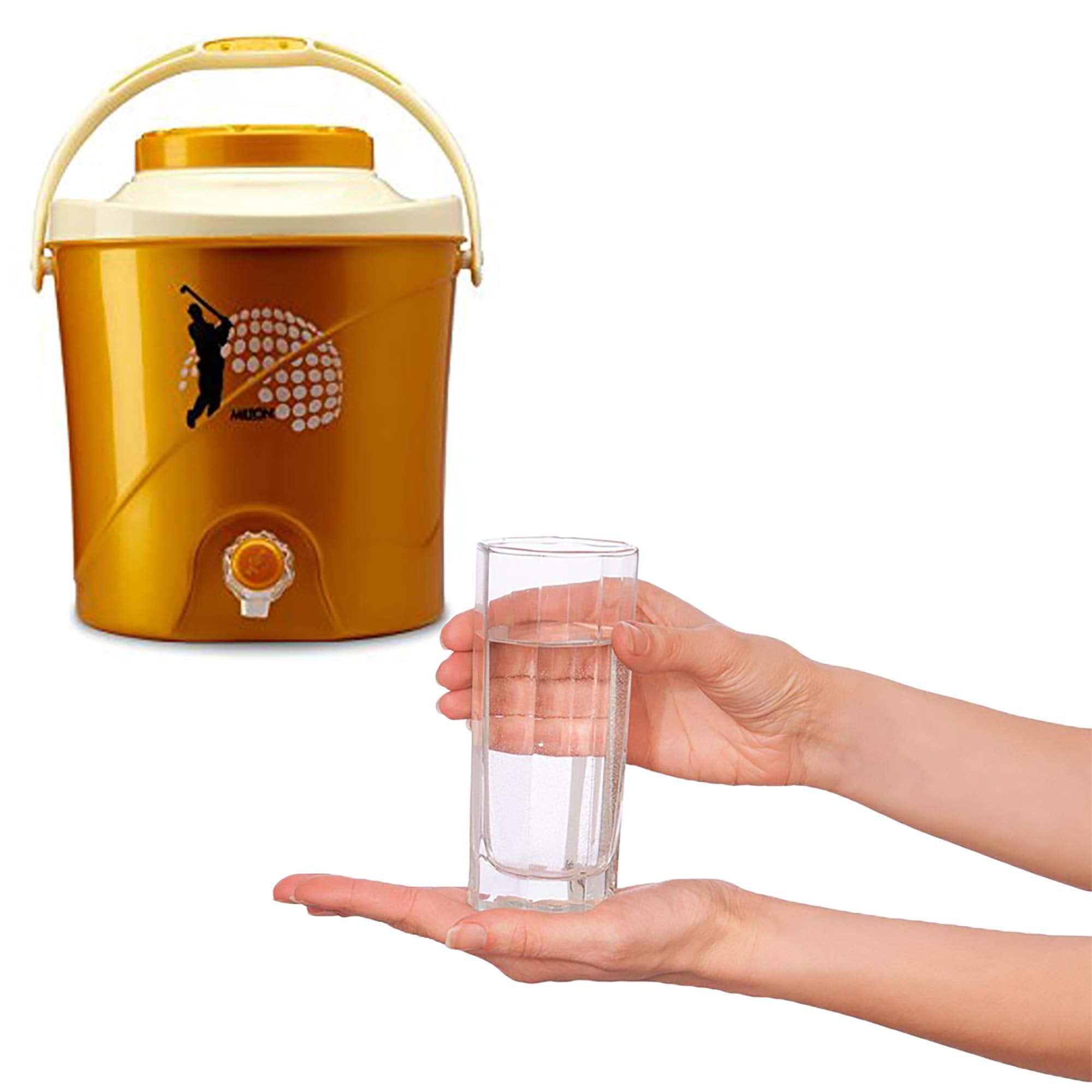 Milton Kool Stallion 10 Insulated Plastic Water Jug, 9.7 litres, Golden Yellow, 1 Piece | Food Grade | Easy to Carry | BPA Free | Ideal for Travel | Picnic | Homes | Office | Shops | Clinics