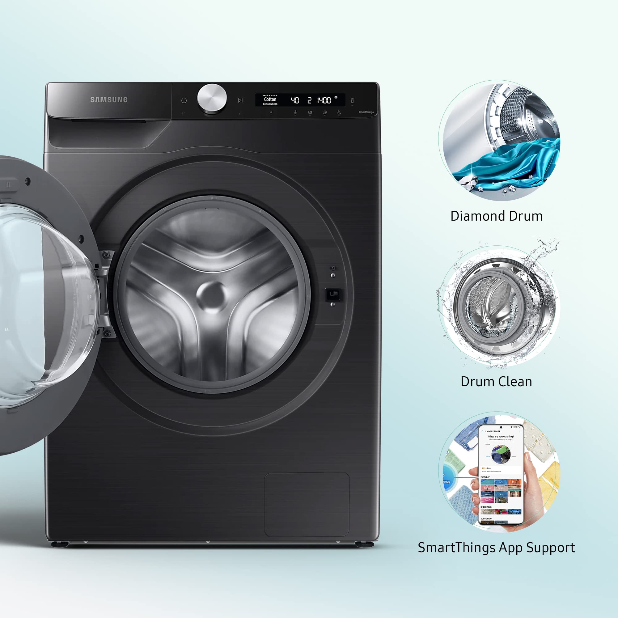 Samsung 9 Kg 5 Star Wi-Fi Inverter Fully-Automatic Front Loading Washing Machine Appliance (WW90T504DAB1TL, Black Caviar, In-Built Heater)