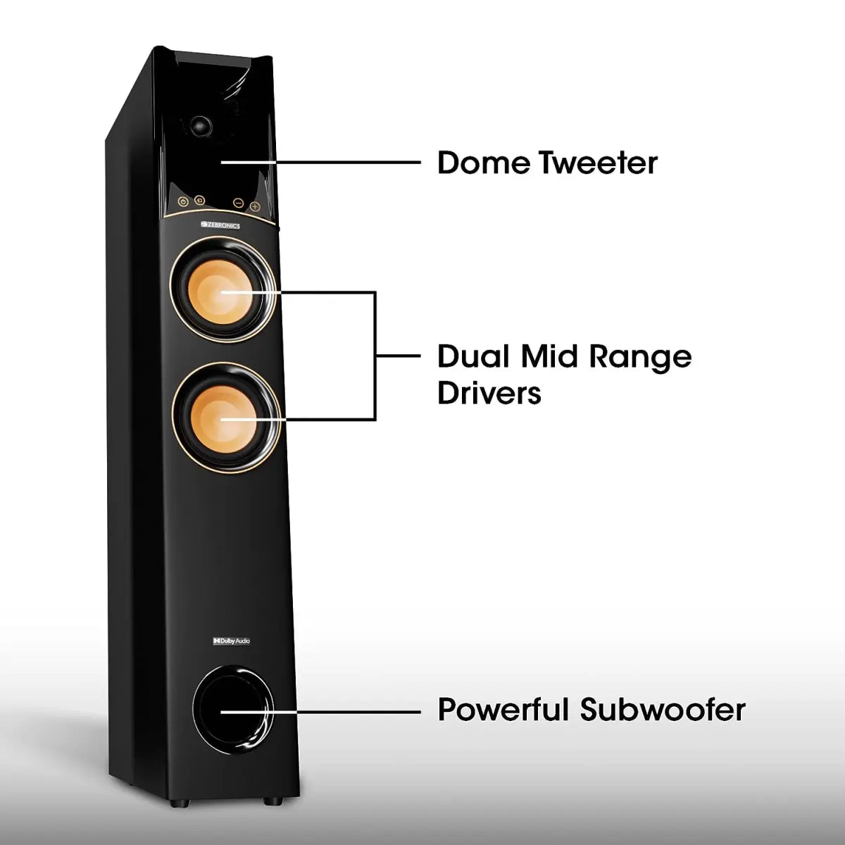 ZEBRONICS Octave Dolby Tower Speaker with 340W RMS Power, Wireless mic, Karaoke, 8” Subwoofer, 3 Way Design, HDMI ARC, Optical, Bluetooth 5.0, LED Display, Touch Panel & Remote Control
