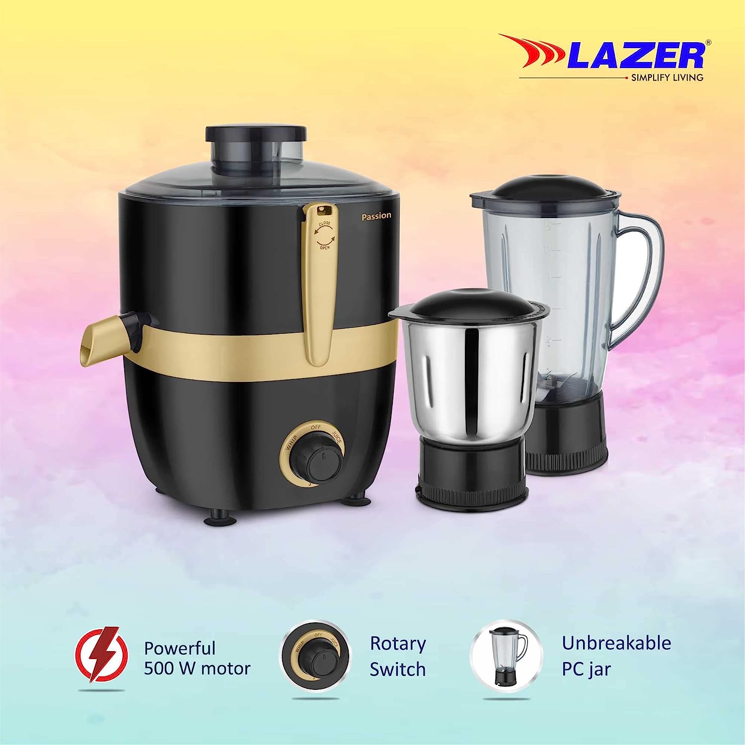 Lazer Passion 2 jars 500W Juicer Mixer Grinder (Black Gold)