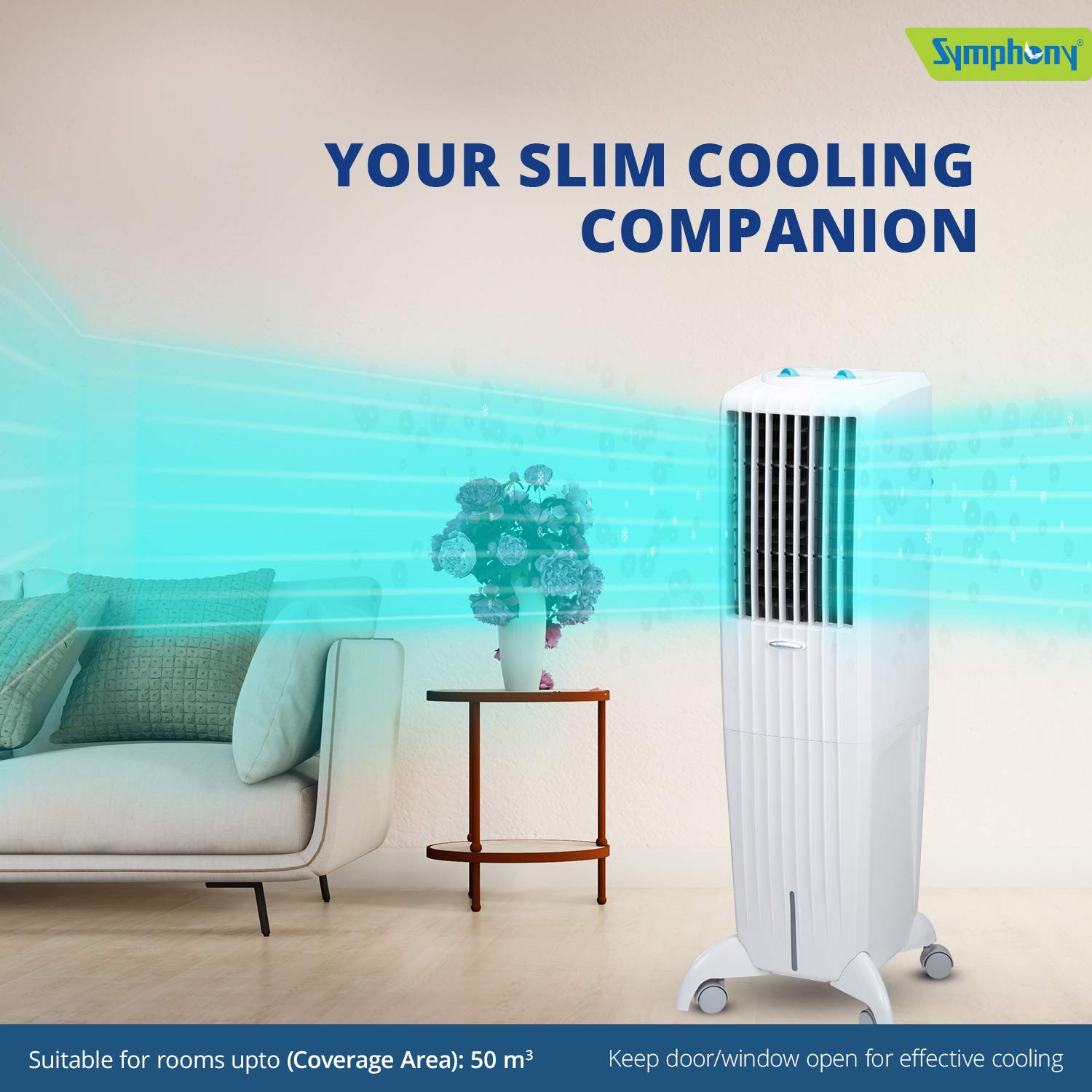 Symphony Diet 35T Tower Air Cooler with Honeycomb Pad, Cool Flow Dispenser - 35L, White