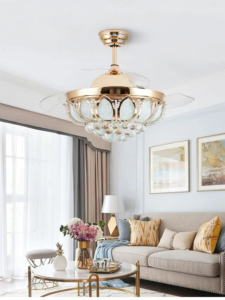 oltao Goldfinch Chandelier Fan with BLDC Motor, LED Light, Noiseless Retractable Blade, Summer/Winter mode And Remote