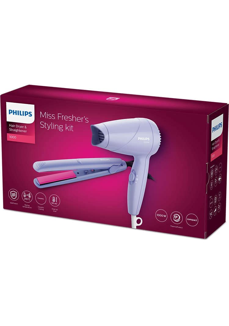 Philips HP8643/56 1000 Watts Hair Dryer and Straightener Combo, Miss Fresher's Styling Kit, Purple