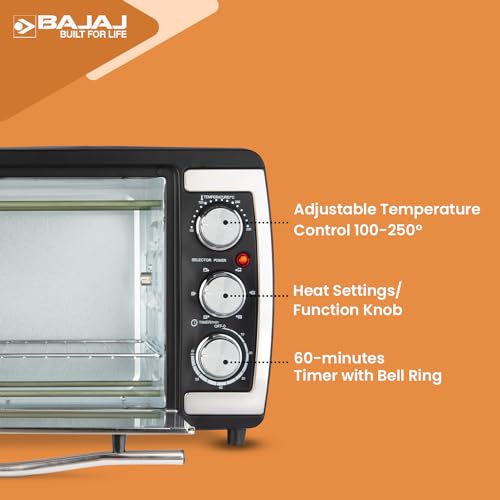 Bajaj 2000 TM control panel callouts for temperature control 100-250°, function knob and 60-minute timer with bell