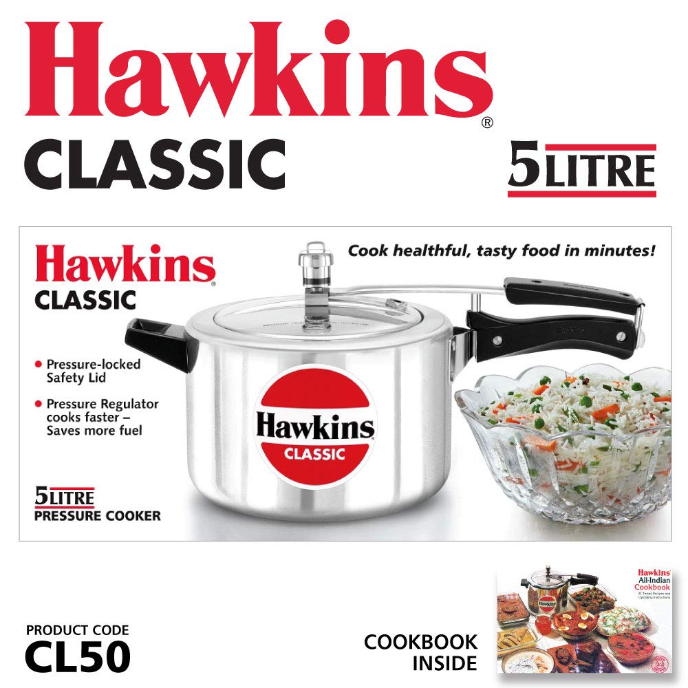 Hawkins Aluminium 5 Litre Classic Pressure Cooker, Best Inner Lid Cooker, Silver (Cl50)