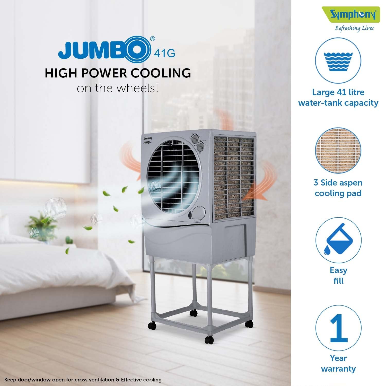 Symphony Jumbo 41 Desert Air Cooler For Home with Aspen Pads, Powerful Fan, Cool Flow Dispenser and Free Trolley (41L, Grey)