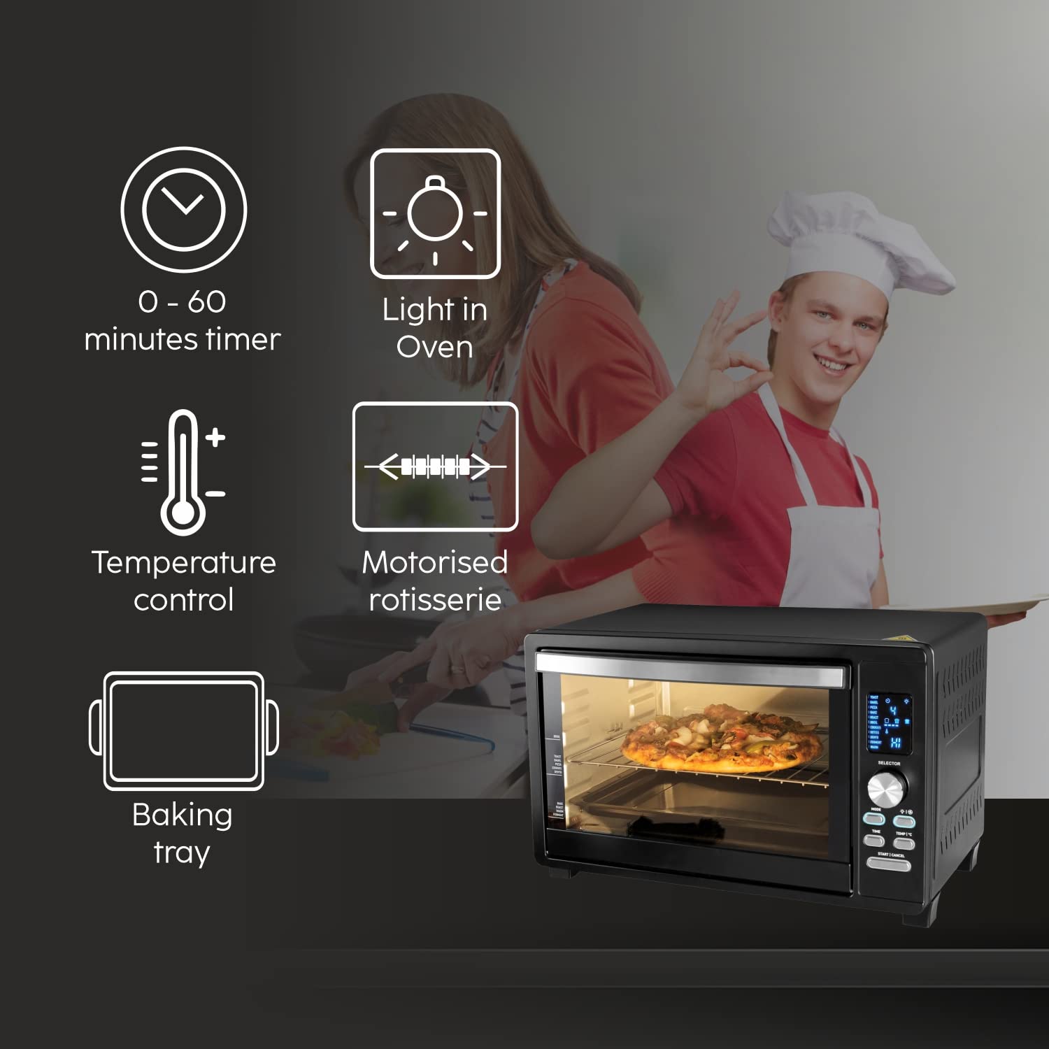 Glen Electric Digital OTG Oven 33 Litres, 1500W Power Digital, Full Back Convection, Motorized Rotisserie, Black (5033DIGI)