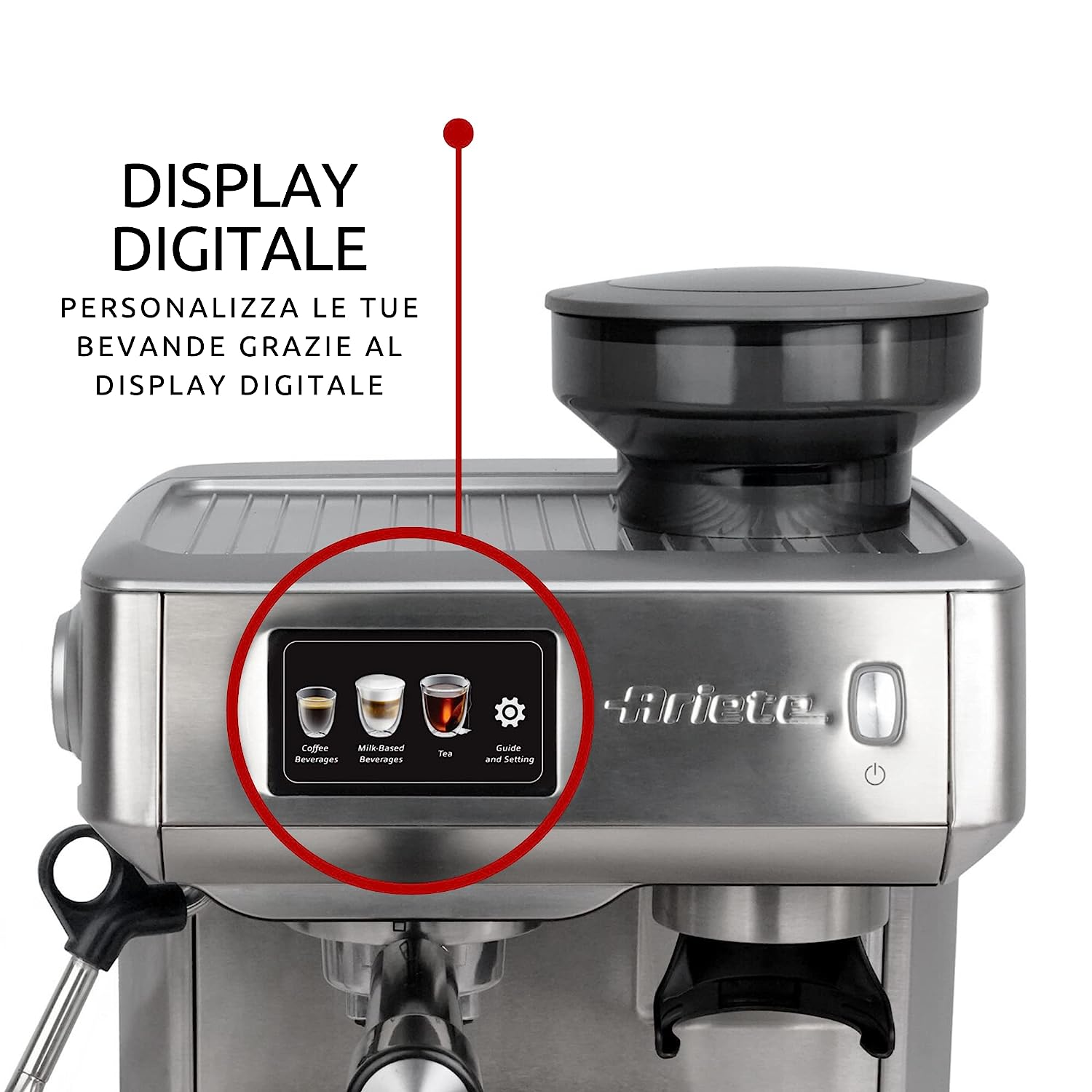 Ariete Metal Coffee Machine 1312, 1600 Watt, 15 Bar, 220 g Bean Capacity, Grinding Adjustment, Digital Display, ESE Pod Compatible, Maxi Cappuccino Device, Silver