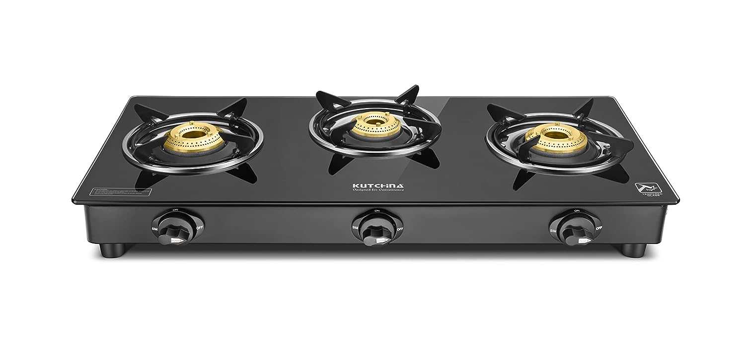 Kutchina - Pluto 3B glass top 3 burner gas stove Cooktop Manual Ignition Black