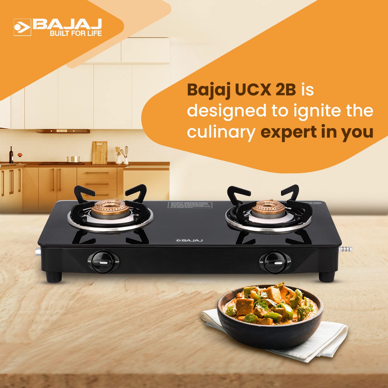 Bajaj UCX 2B Powder Coated Glasstop Gas Stove, 2 Burners, Black