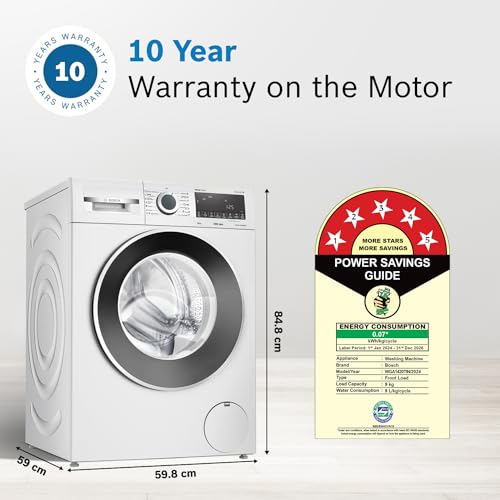 Bosch 9kg 5 Star Anti Stain & AI Active Water Plus Fully Automatic Front Load Washing Machine with Built in Heater (WGA14200IN, Pretreatment & Steam with Anti Bacteria and 5 Star Inverter, Wh