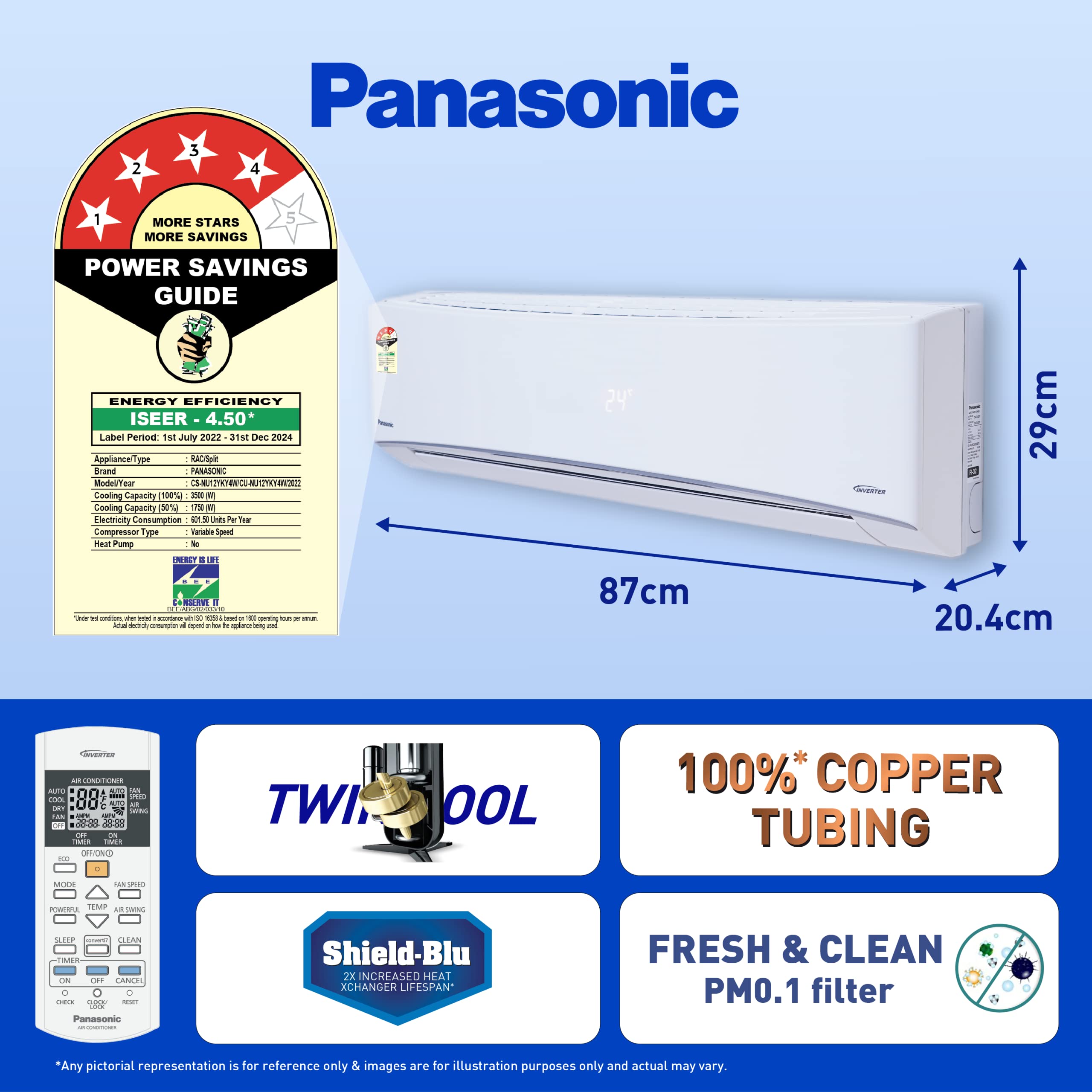 Panasonic 1 Ton 4 Star Wi-Fi Inverter Smart Split AC (Copper Condenser, 7 in 1 Convertible with additional AI Mode, 4 Way Swing, PM 0.1 Air Purification Filter, CS/CU-NU12YKY4W,2023 Model, Wh