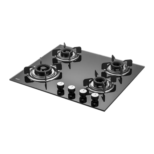 KAFF CRISTA CRH 604 Built-in Hob/Hobtop 4 Burners, Auto Electric Ignition Glass Top, 60 CM, Black Coated Tornado Style Burners, SS Drip Tray, 8 MM Thick Toughened Glass (Black)