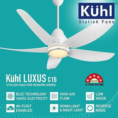 KUHL Stylish Fan Luxus C15 | 30W | BLDC Technology | 5-Star Rated | Operate on Remote-Mobile-Alexa | Night & Down Light |1200 mm sweep | Aerodynamic ABS 5 Blades | Reverse Mode | White (C15, White)