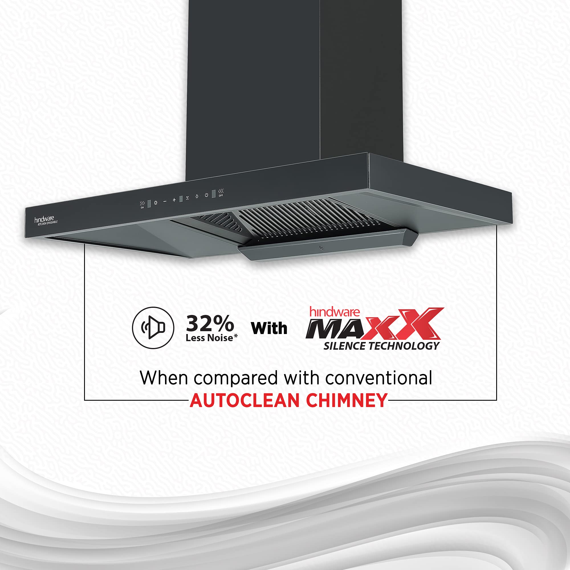 Hindware Atlanta 90 cm 1350 m³/hr Filterless Auto-Clean Kitchen Chimney With MaxX Silence Technology, Motion Sensor (32% Less Noise, Touch Control, Black)
