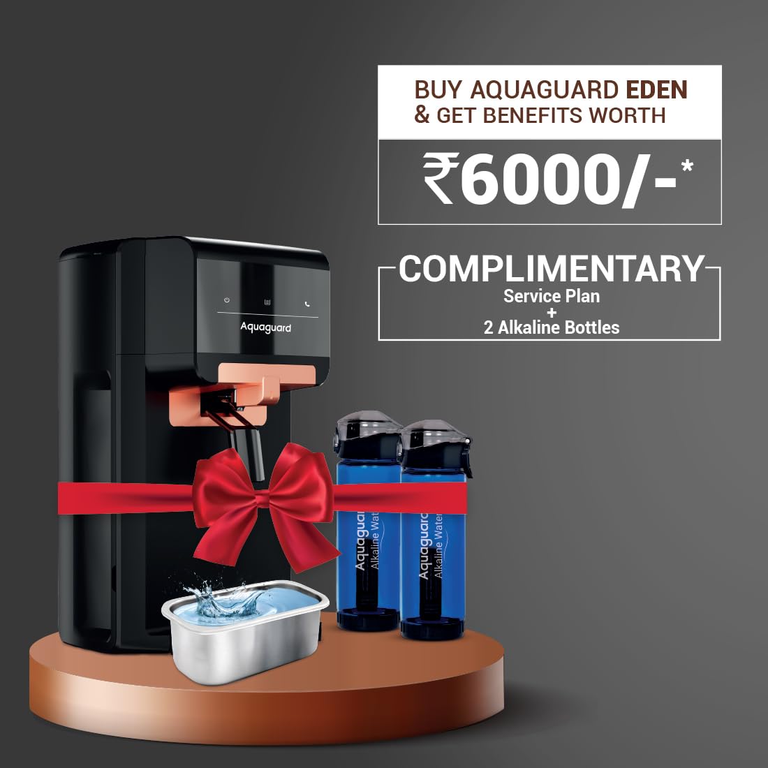 Aquaguard Eden Stainless Steel Tank 9-Stage RO Water Purifier with 2 Complimentary Alkaline Water Bottles | RO+UV+Active Copper Tech | Taste Adjuster | Suitable for Tanker, Borewell & Municip