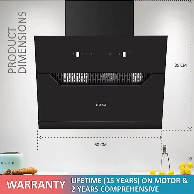 Elica 60 cm 1350 m3/hr Filterless Auto Clean Angular Chimney with 15 Years Warranty (EFL 207 HAC LTW VMS 60, Touch + Motion Sensor Control, Black)