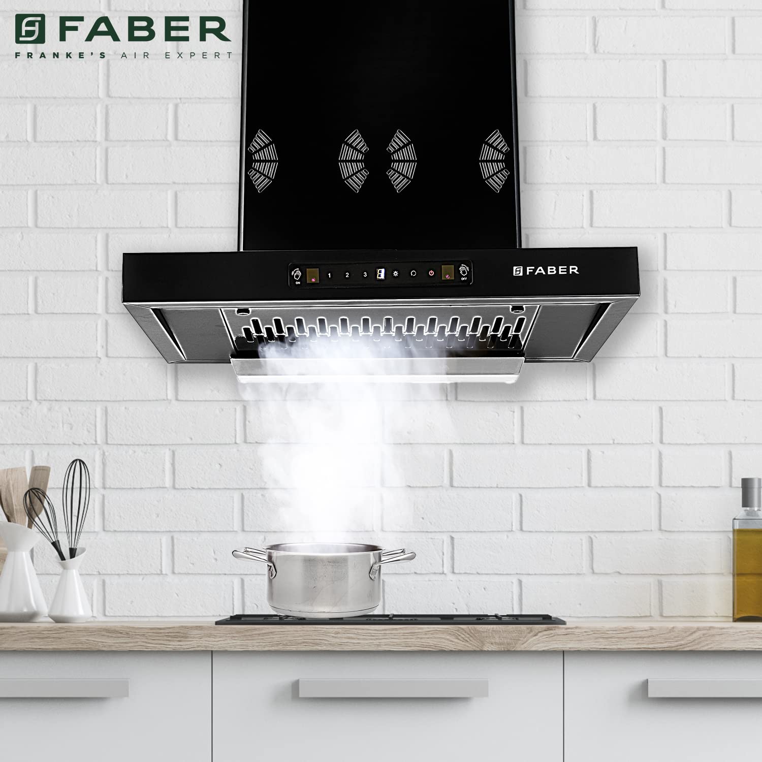 Faber 60cm 1250 m3/hr 6 way silent suction, Autoclean Chimney, Filterless, 8Yr on Motor, 2Yr Comprehensive Warranty, Made in India (HOOD BONITO 3D IND HC SC FL BK 60, Touch & Gesture Control, Black