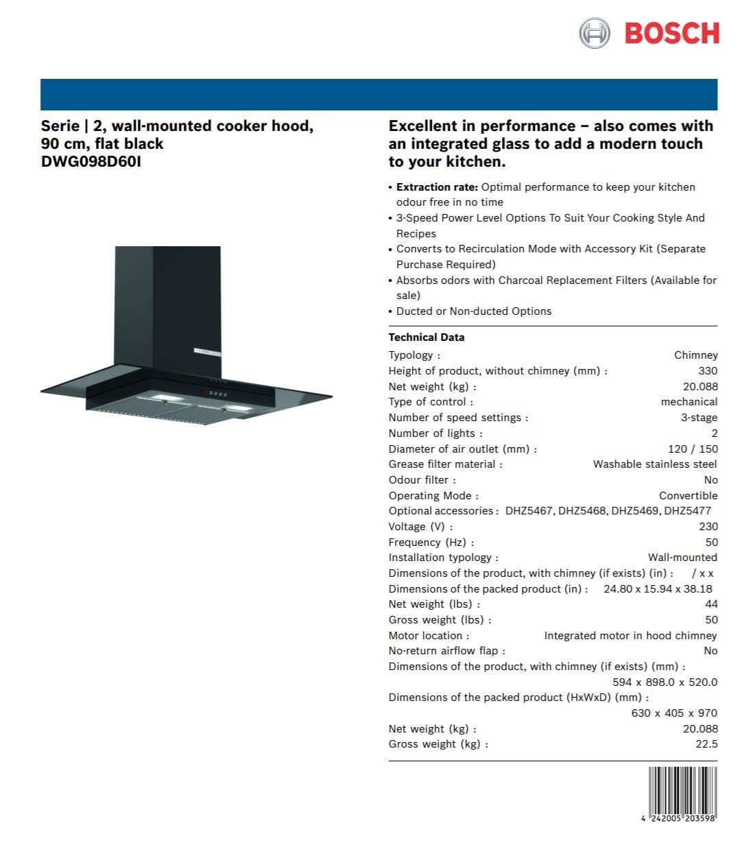 Bosch 90 cm black glass hood with push button control DWG098D60I