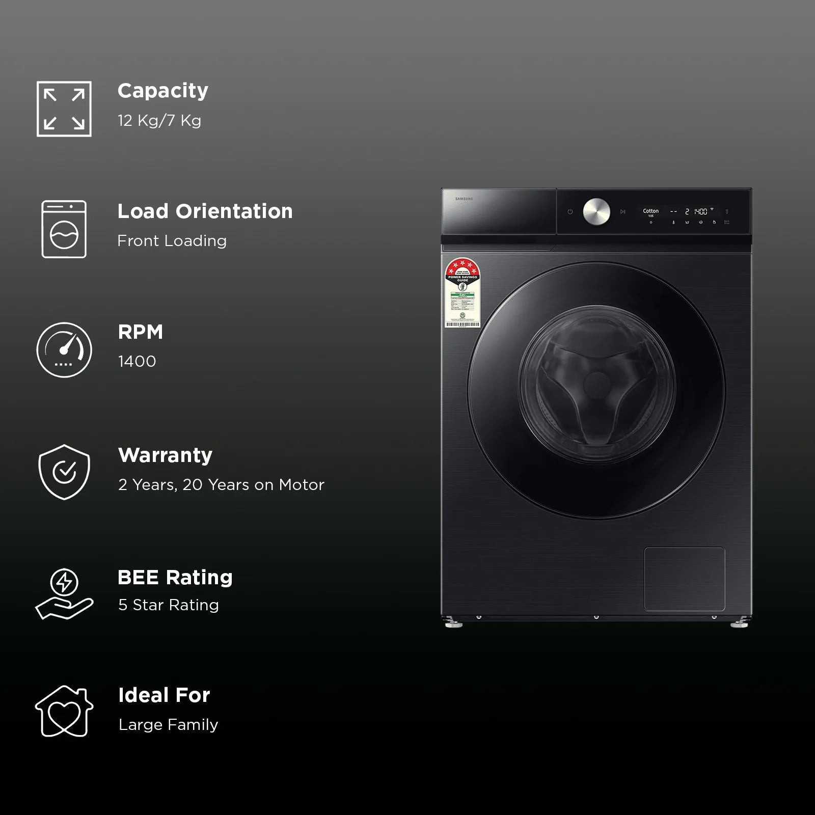 Samsung 12/7 kg Fully Auto Front Load Washer, WD12FB8B94GB, Black