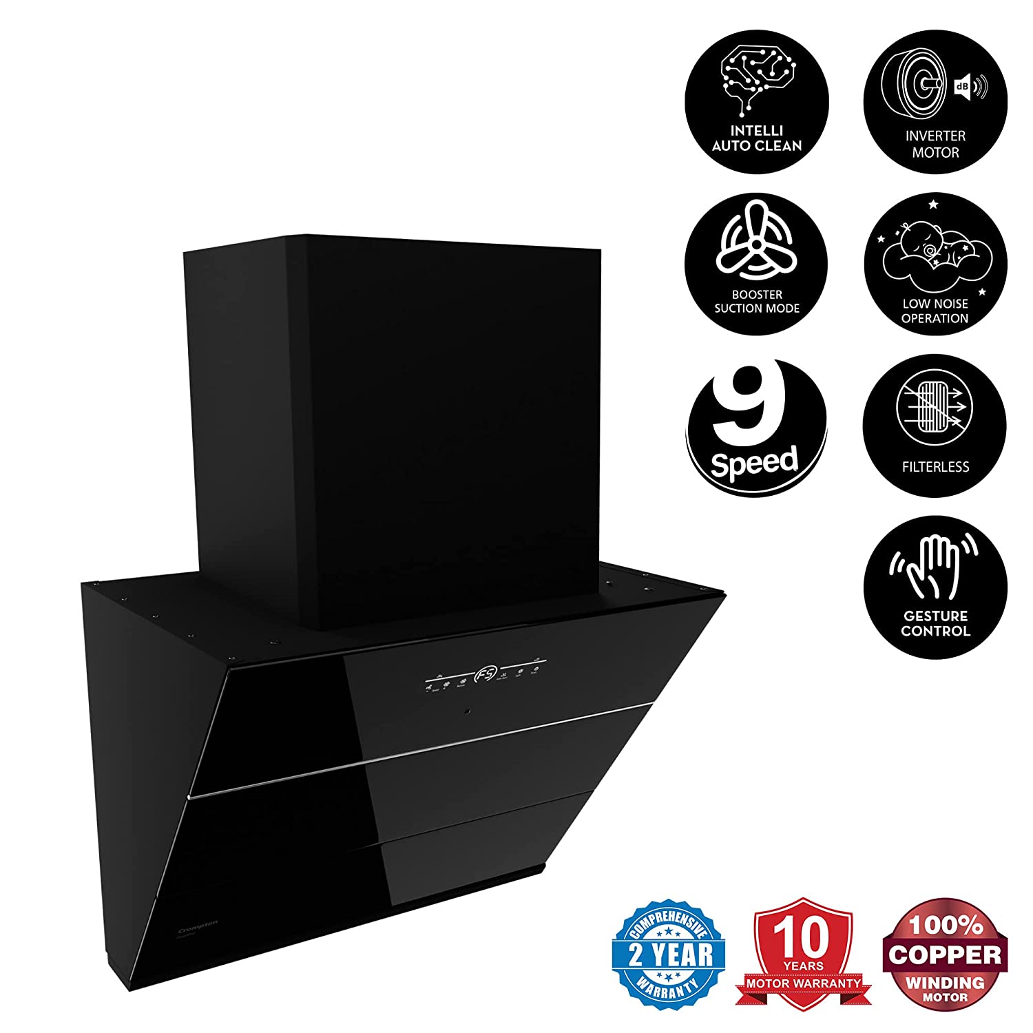 Crompton QuietPro Inverter Motor Inclined 75cm Chimney Filterles (Black), Free installation&Ducting kit,1660 m³/hr (CHD-QPVI75FLE-MBL)
