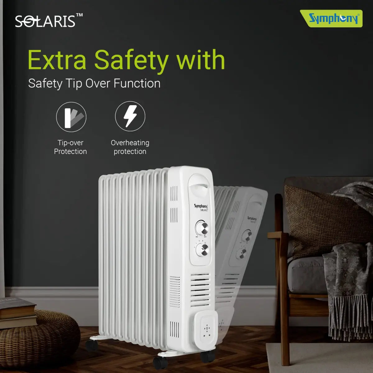 Symphony Solaris OFR 11 fin 2900W Room Heater for Home with Oil-filled radiator, 11 fins, and Multidirectional Heating (Off White)