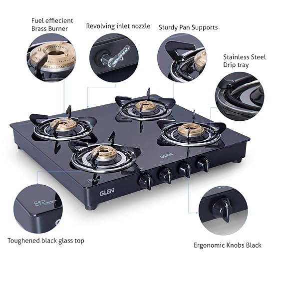GLEN 1043 GT HF BB Double Drip Tray 4 Burner Manual Glass Gas Stove (Black)