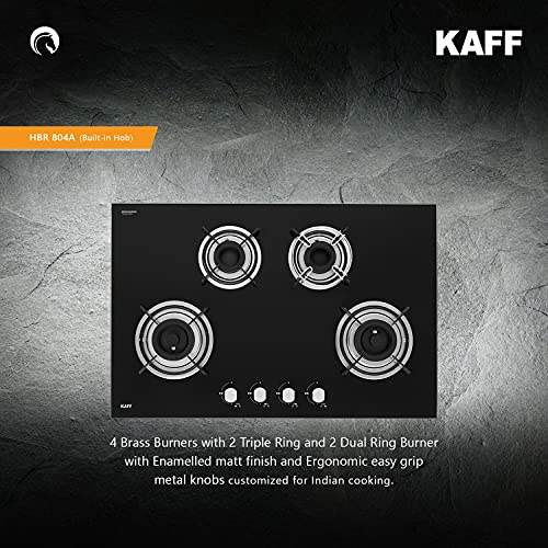 KAFF HBR 804 Built-in Hobs 4 Burners, Auto Electric Ignition Glass Top, 80 CM, Powerful Brass Burners, 8 MM Thick Toughened Glass, Enamelled Matt Grills (Black)
