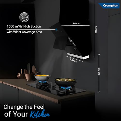 Crompton IntelliSense 90 cm Kitchen Chimney with 1626 m³/hr Suction, Smart On & Intelli Auto-Clean | Silent Kitchen Chimney With Filterless Technology (Inclined Design, Black)