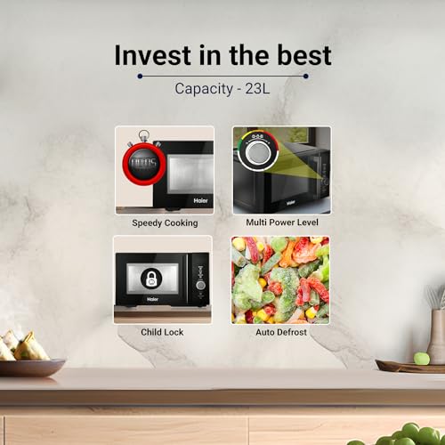 Haier 23L Solo Microwave Oven (HIL2301MBEJ, Black Inbuilt Auto Cook Menus)
