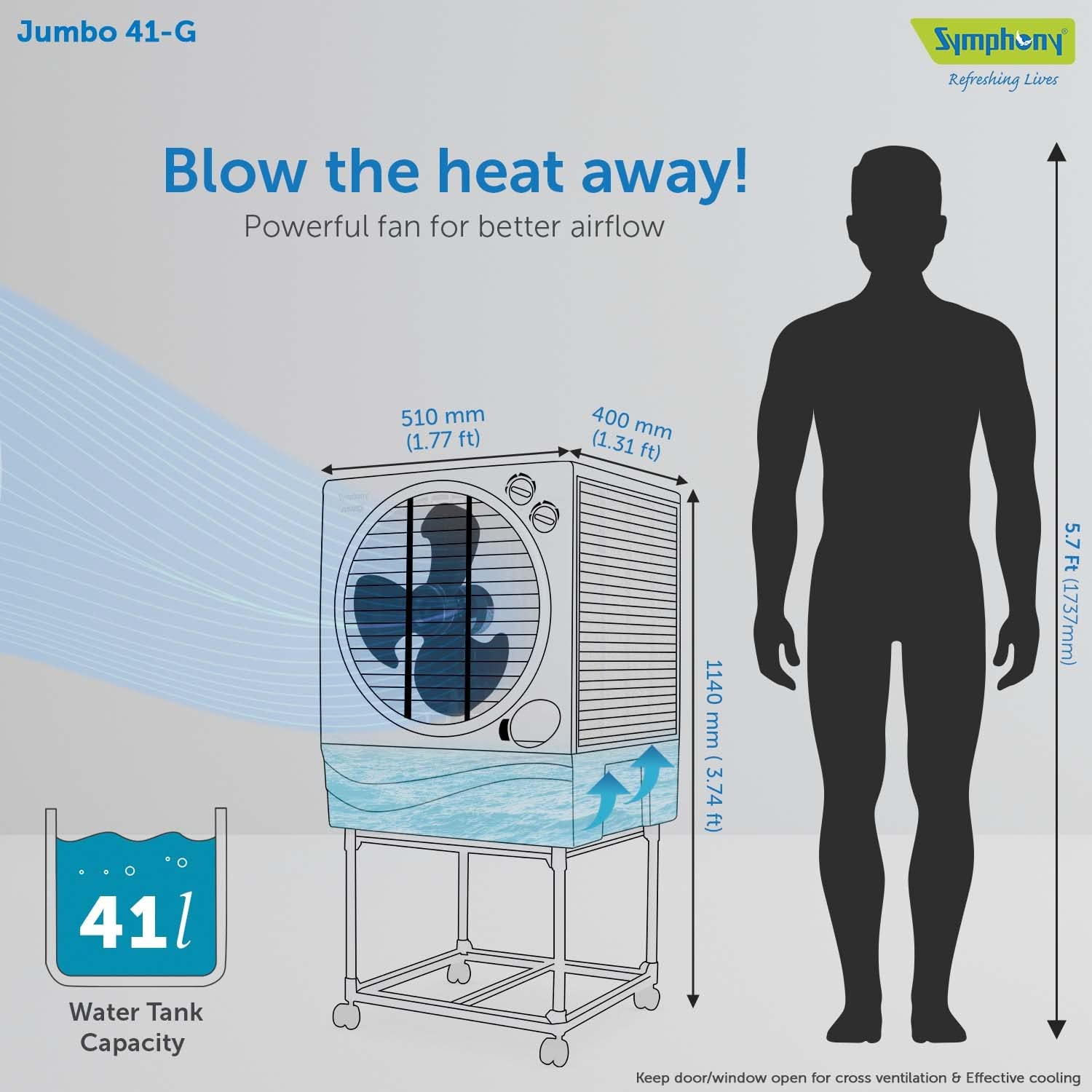 Symphony Jumbo 41 Desert Air Cooler For Home with Aspen Pads, Powerful Fan, Cool Flow Dispenser and Free Trolley (41L, Grey)