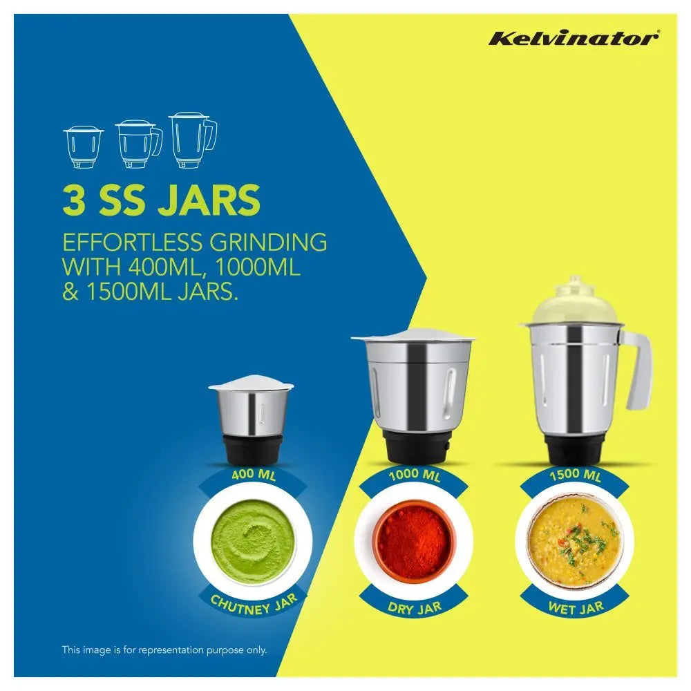 Kelvinator Magnifico355 Mixer Grinder KMG00355 3 Jars Stainless Steel